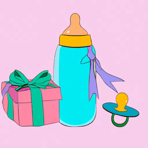 תמונה של סט של דברים חיוניים לתינוק כמו סינרים, מוצצים ובקבוקי האכלה עטופים כמתנה