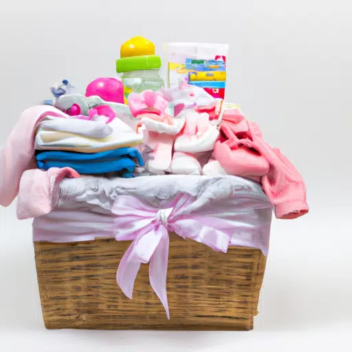 תמונה של סל מסודר של מתנות לידה במחירים נוחים כולל בגדי תינוקות, חיתולים ומוצרי טיפוח לתינוק